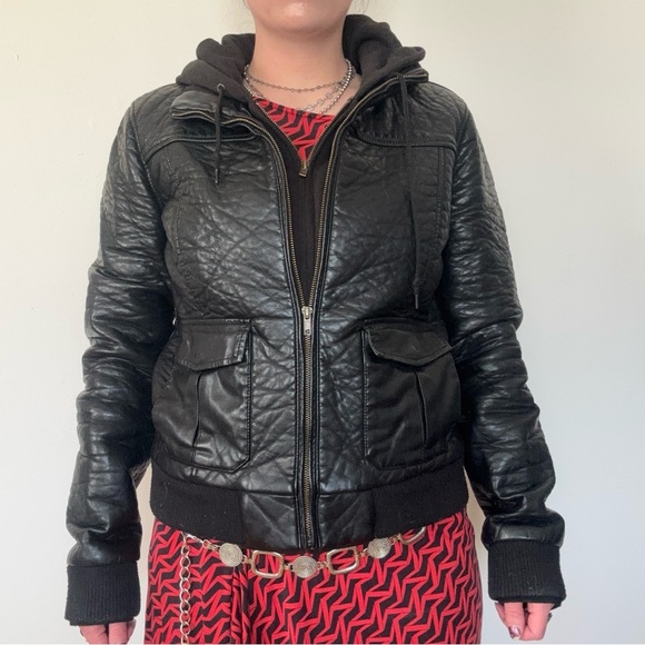 Obey Propaganda Black Faux Leather Hooded Jacket - Picture 2 of 12